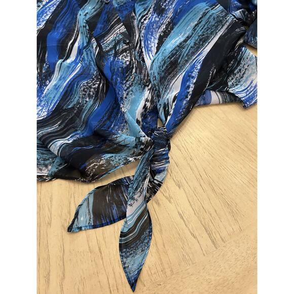 sheer tropical Women’s Blouse sea blue ocean vacation long Sleeve resort wear L - Picture 7 of 8